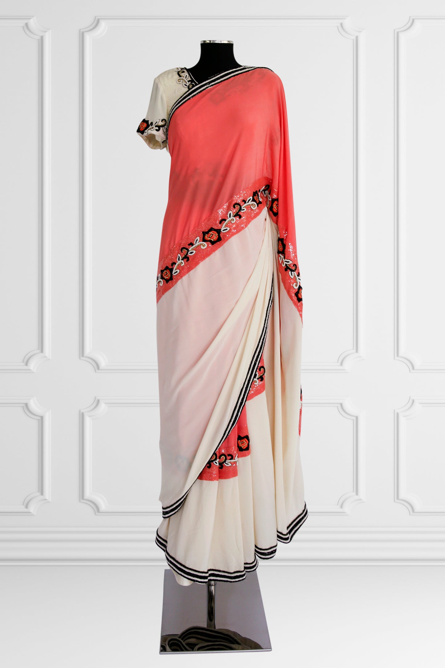 Bicolor Cream and Coral Saree Set