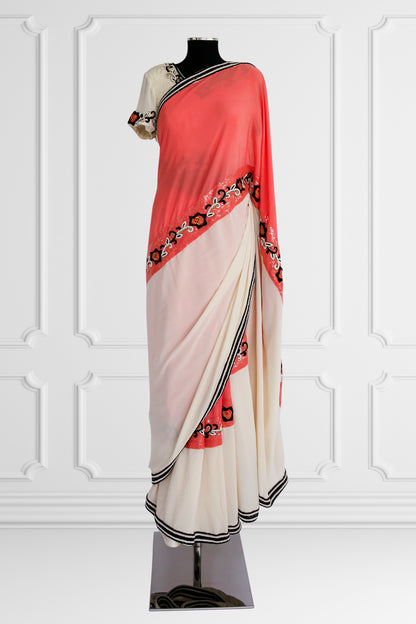 Bicolor Cream and Coral Saree Set