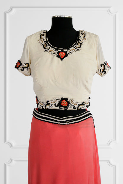 Bicolor Cream and Coral Saree Set