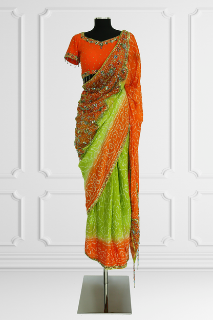 Bicolor Green and Orange Saree Set