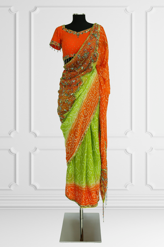 Bicolor Green and Orange Saree Set