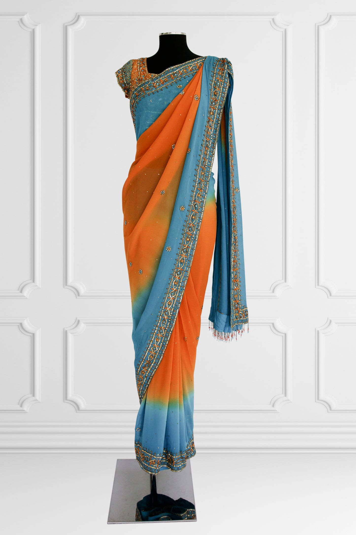 Bicolor Orange and Blue Embelished Saree Set
