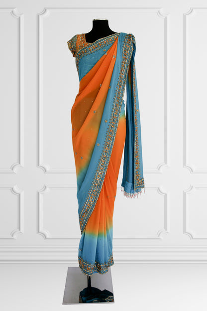 Bicolor Orange and Blue Embelished Saree Set