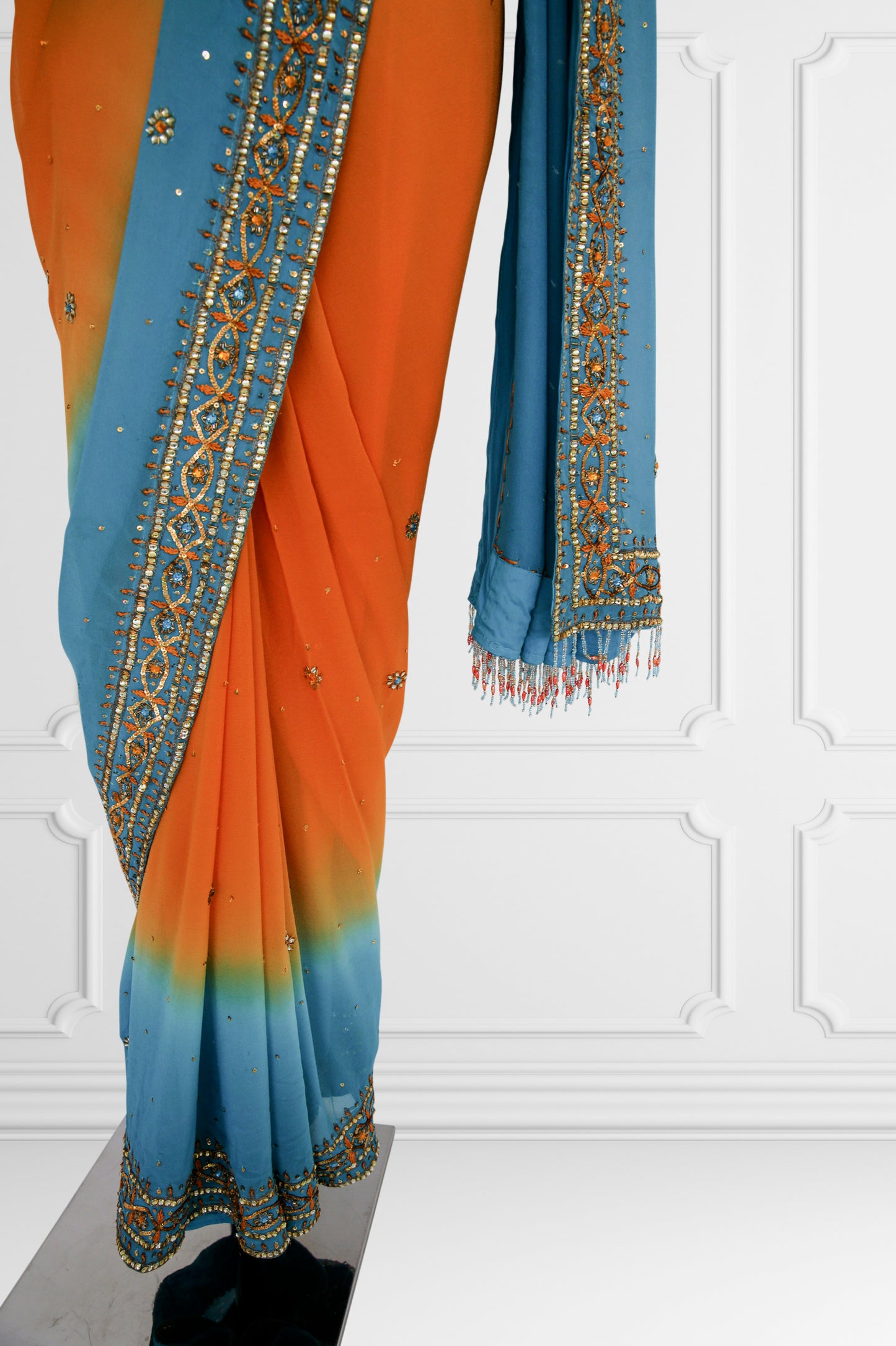 Bicolor Orange and Blue Embelished Saree Set