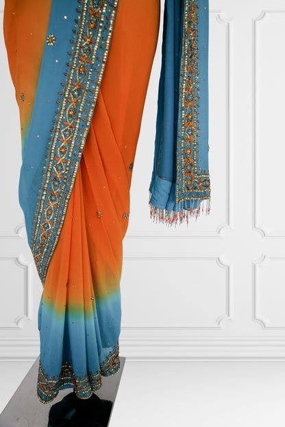 Bicolor Orange and Blue Embelished Saree Set