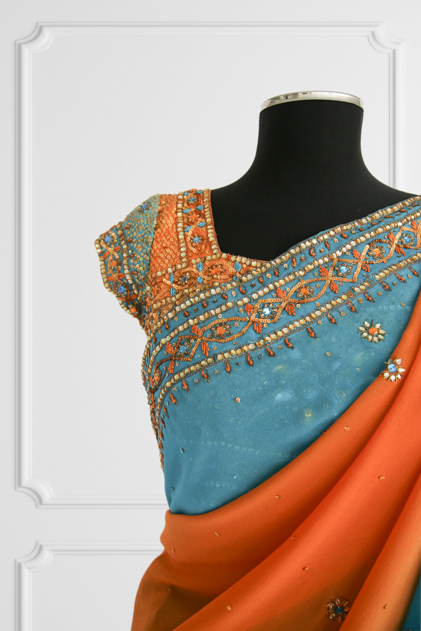 Bicolor Orange and Blue Embelished Saree Set