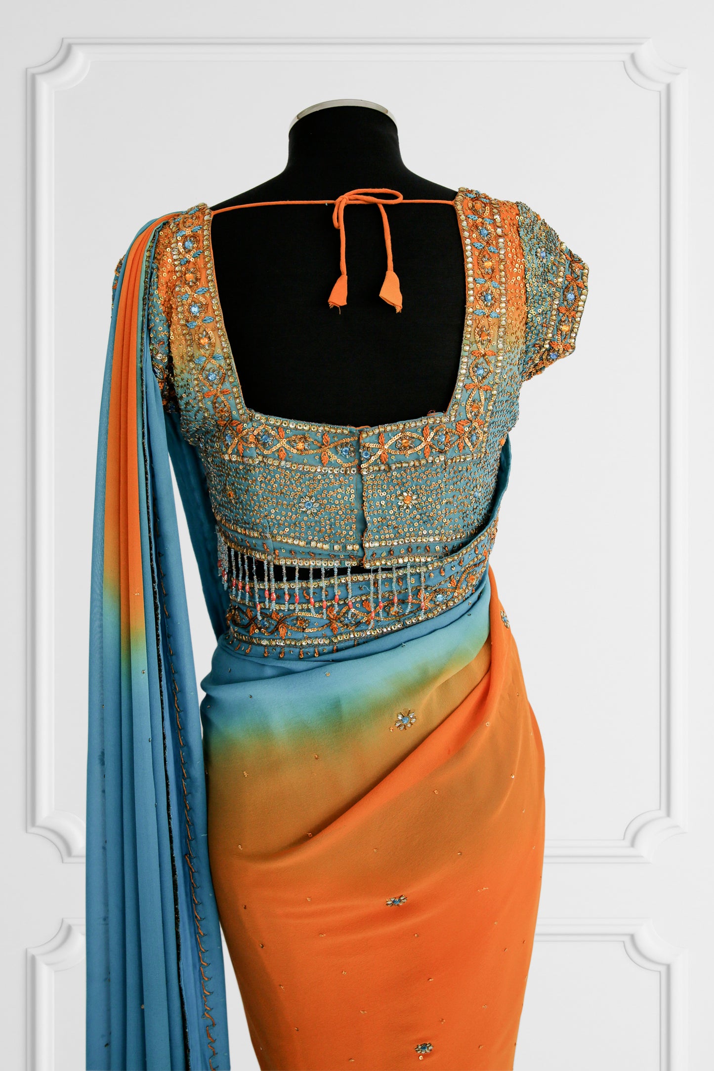 Bicolor Orange and Blue Embelished Saree Set