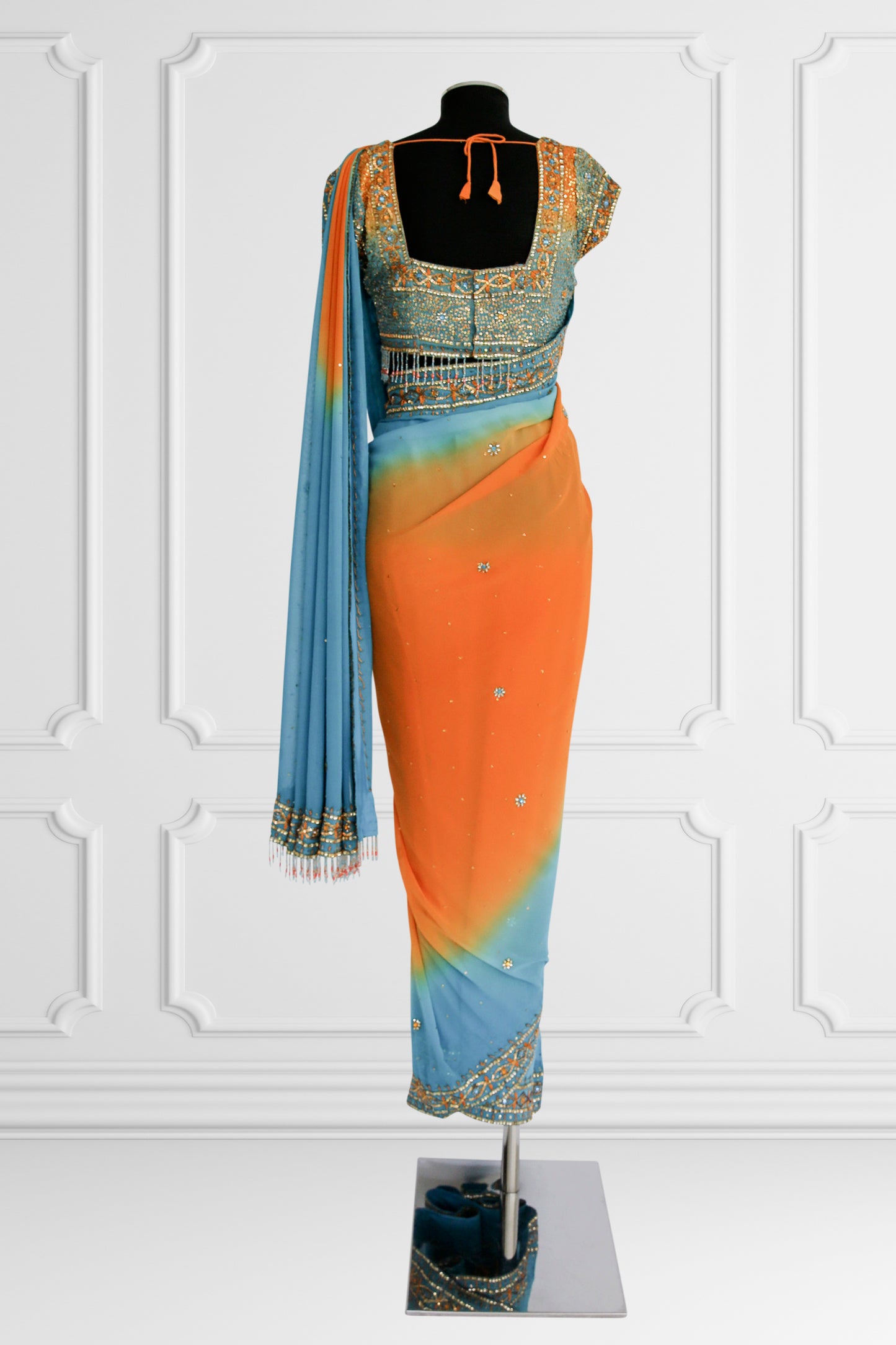 Bicolor Orange and Blue Embelished Saree Set