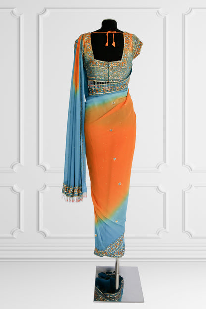 Bicolor Orange and Blue Embelished Saree Set
