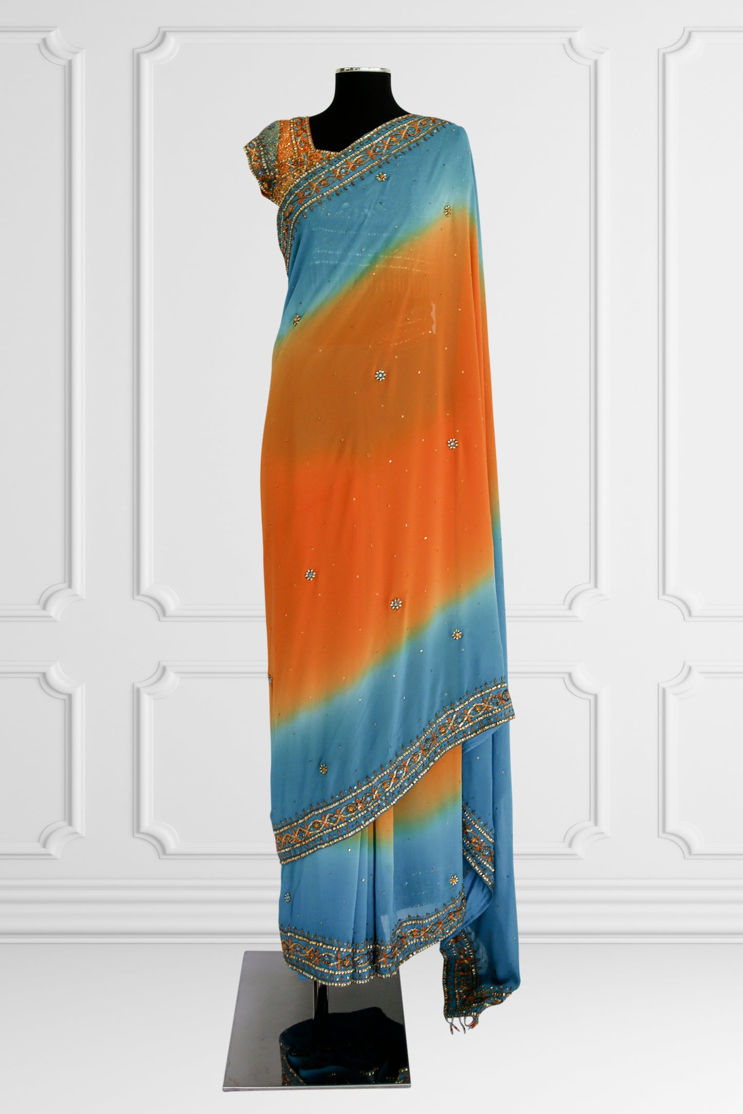 Bicolor Orange and Blue Embelished Saree Set