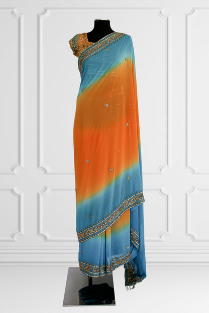 Bicolor Orange and Blue Embelished Saree Set