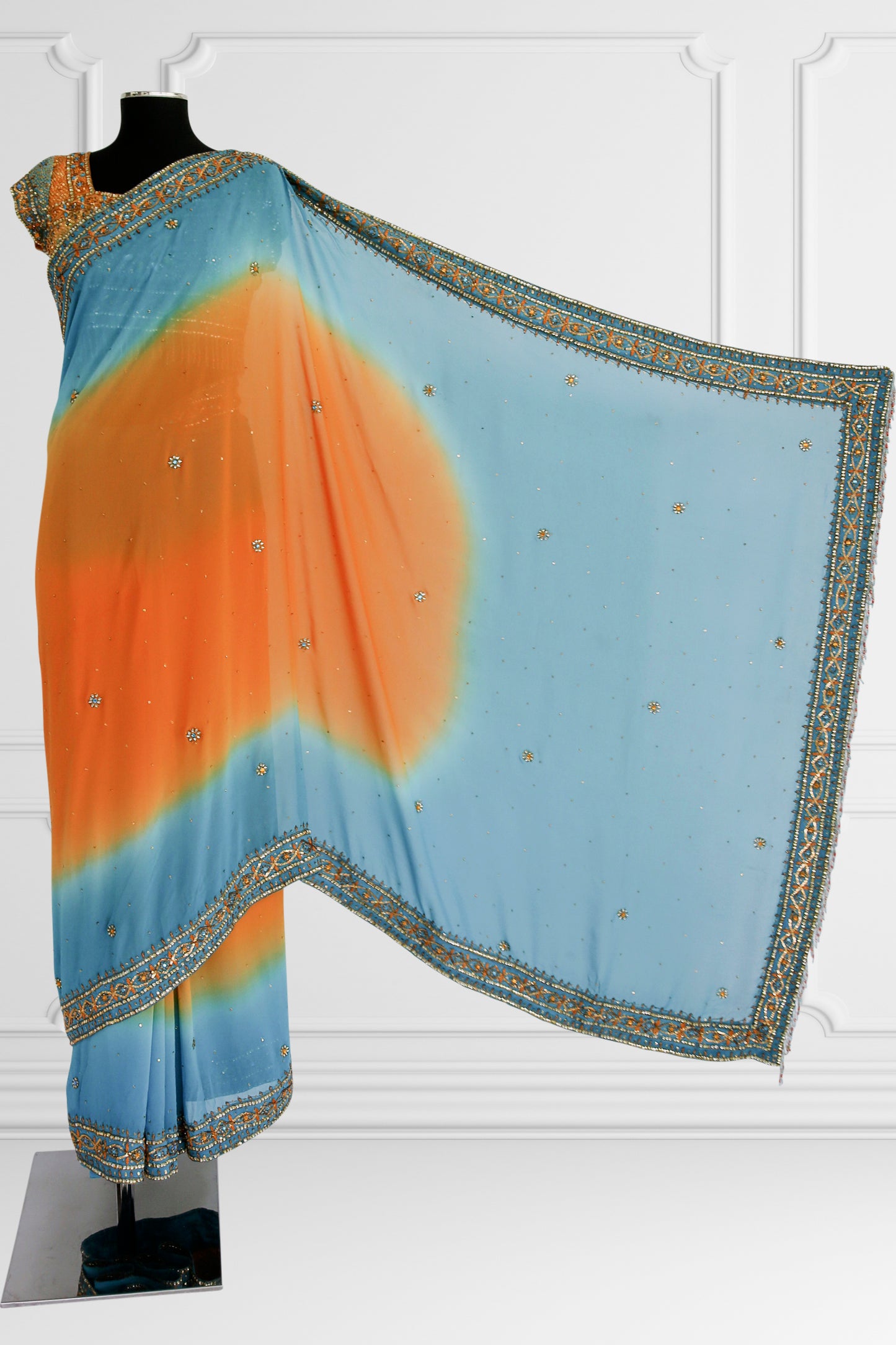 Bicolor Orange and Blue Embelished Saree Set
