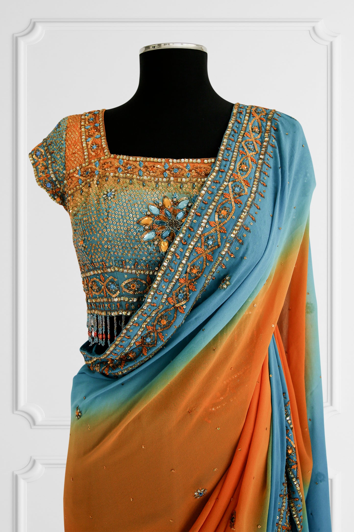 Bicolor Orange and Blue Embelished Saree Set