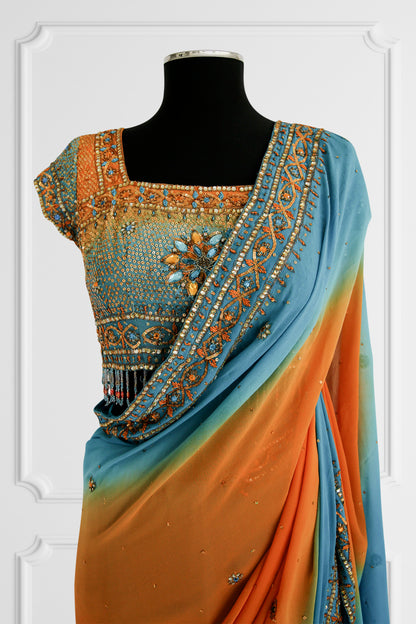Bicolor Orange and Blue Embelished Saree Set