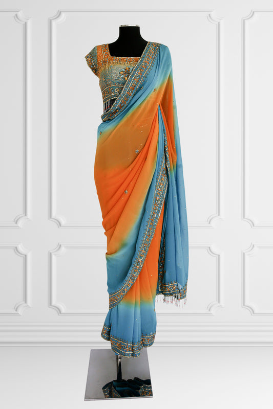 Bicolor Orange and Blue Embelished Saree Set