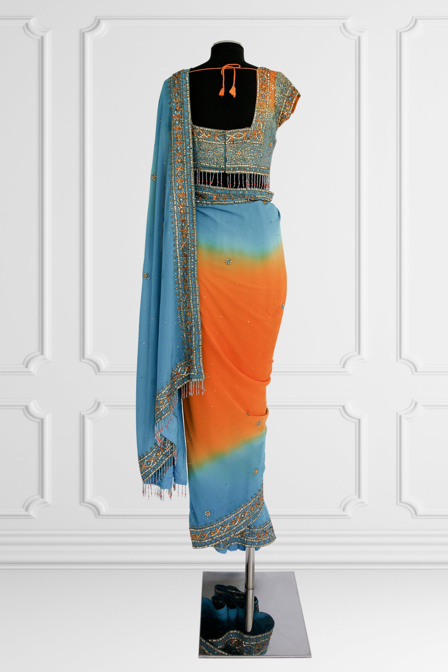 Bicolor Orange and Blue Embelished Saree Set