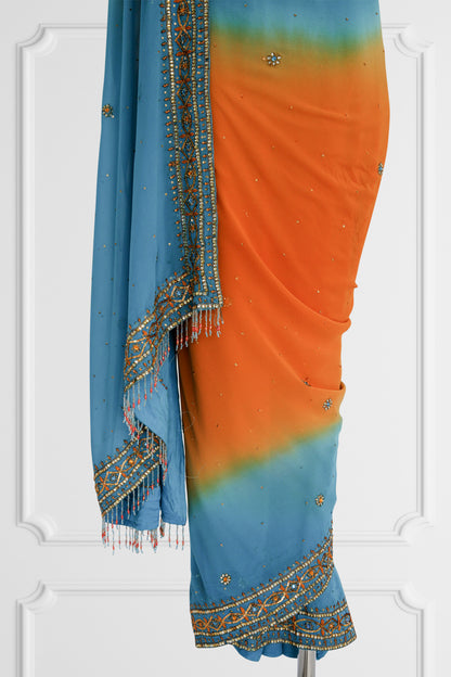 Bicolor Orange and Blue Embelished Saree Set