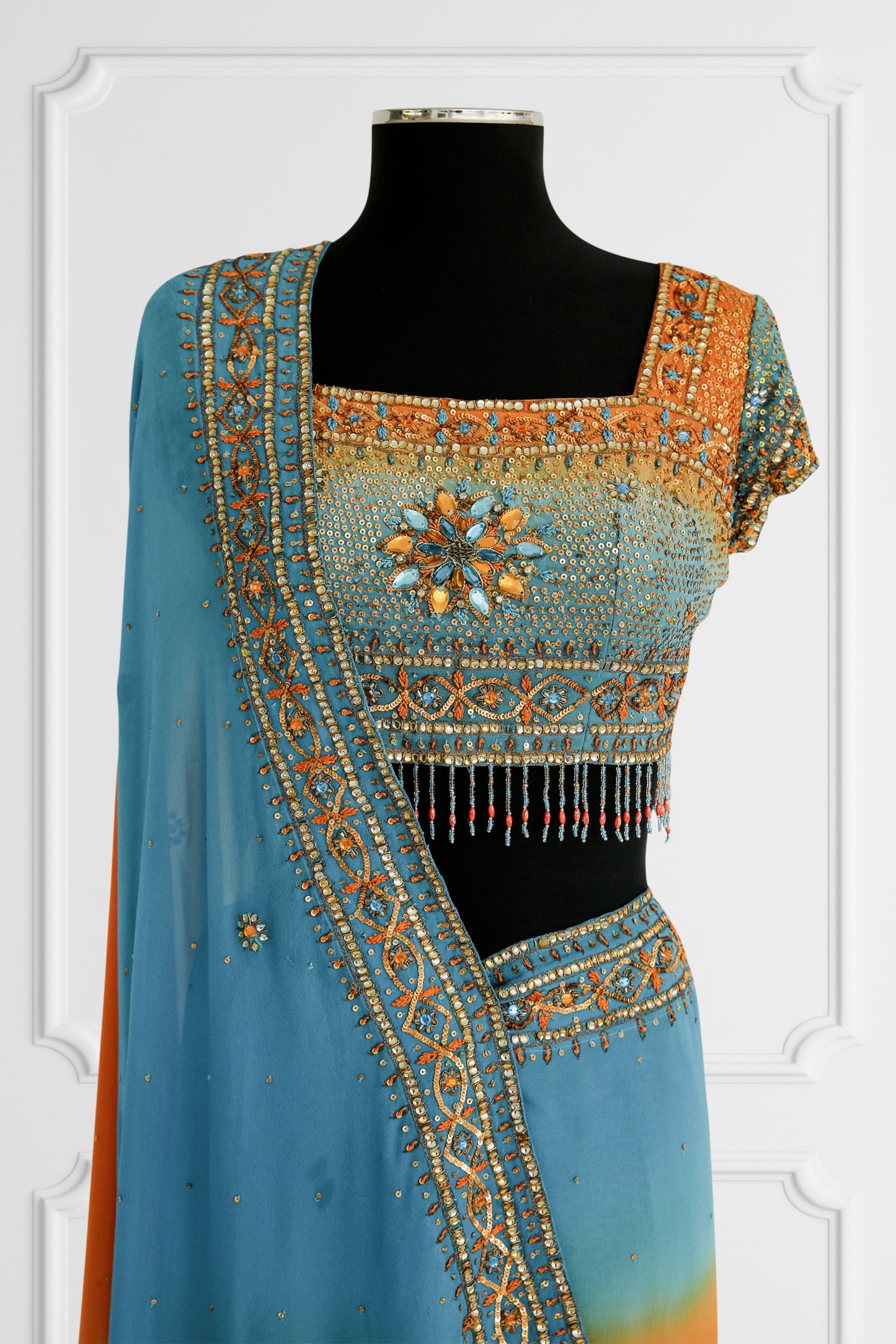Bicolor Orange and Blue Embelished Saree Set