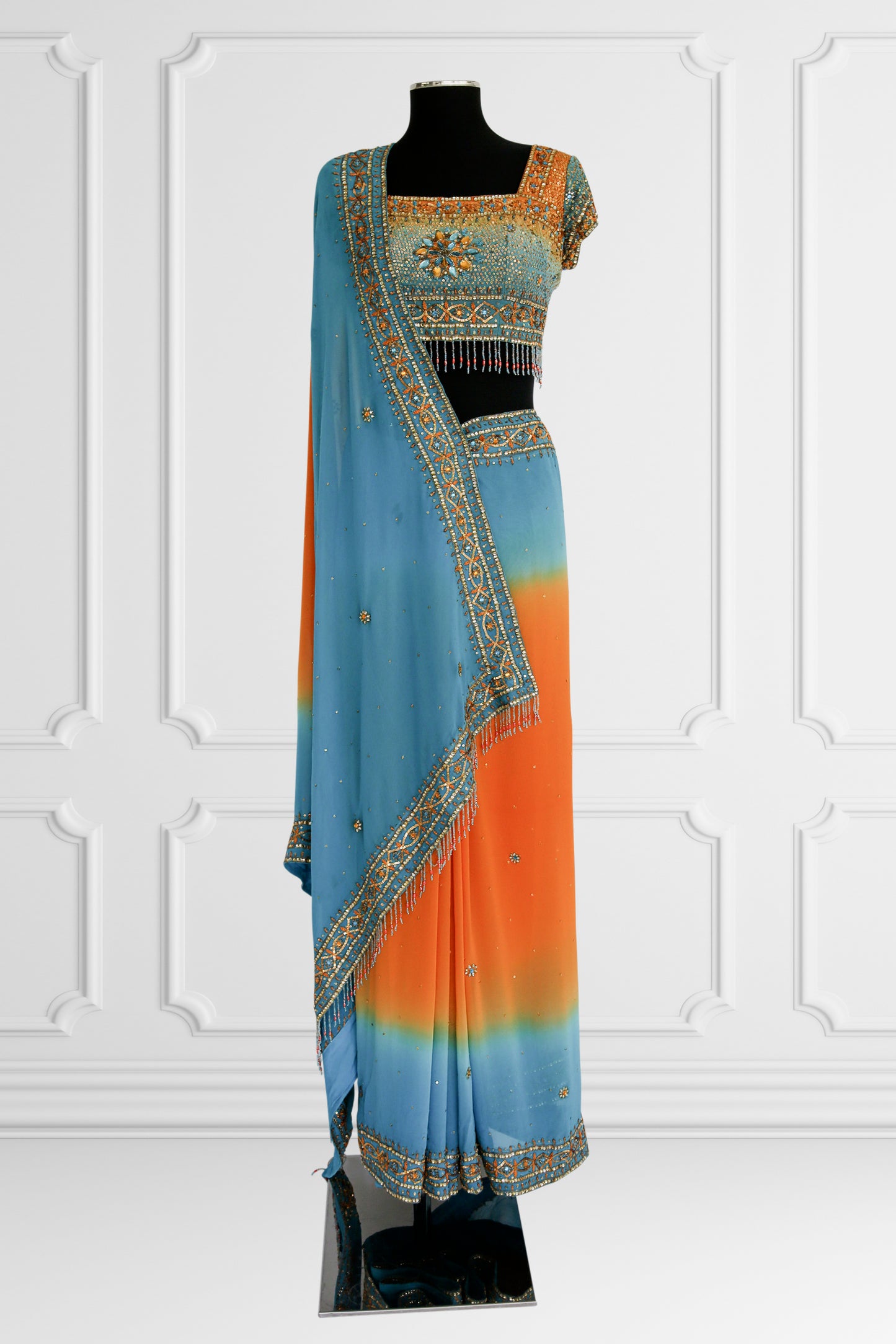 Bicolor Orange and Blue Embelished Saree Set