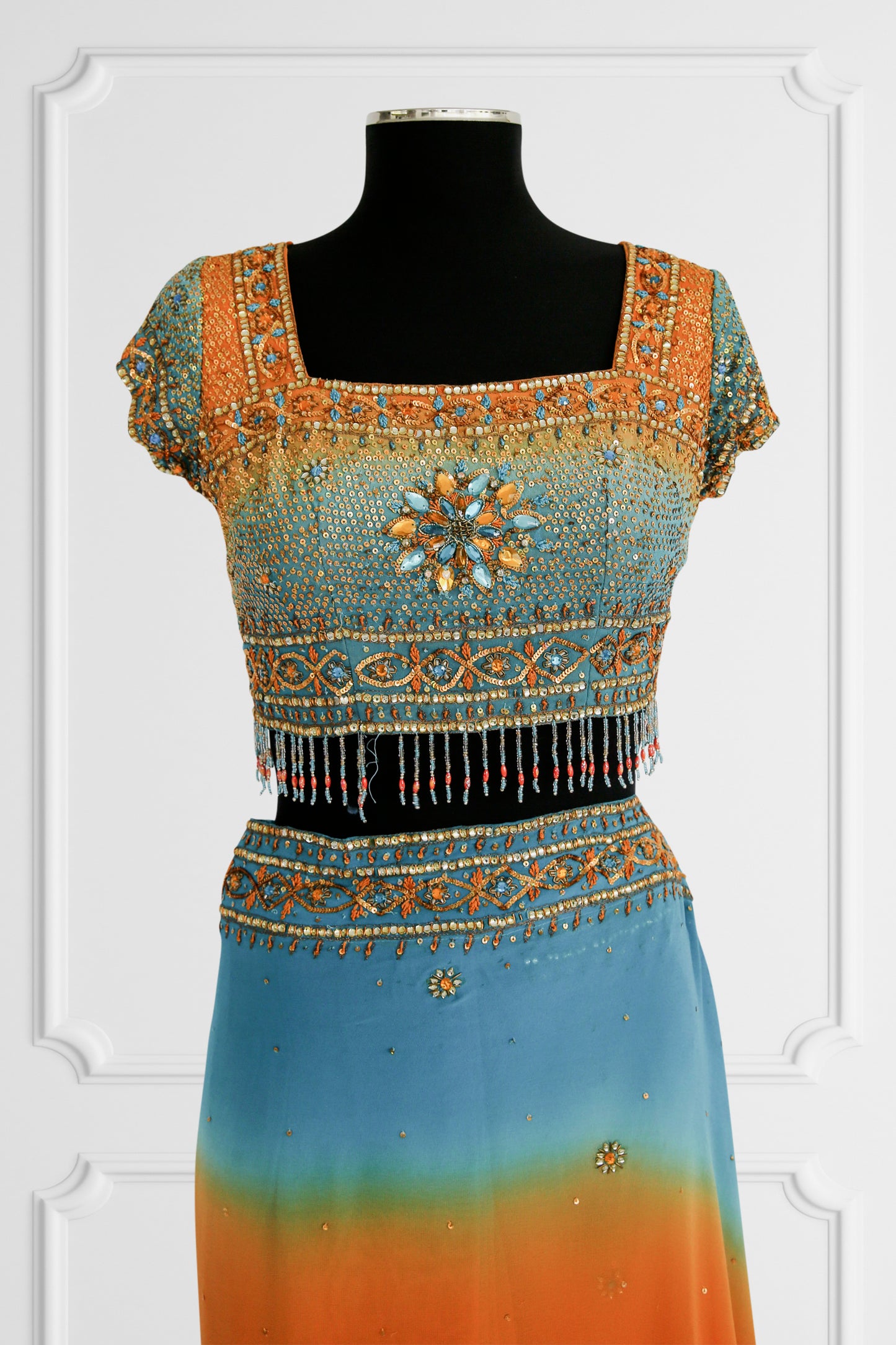 Bicolor Orange and Blue Embelished Saree Set