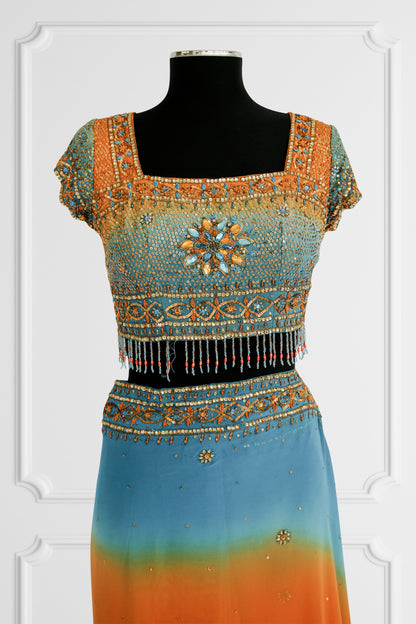 Bicolor Orange and Blue Embelished Saree Set