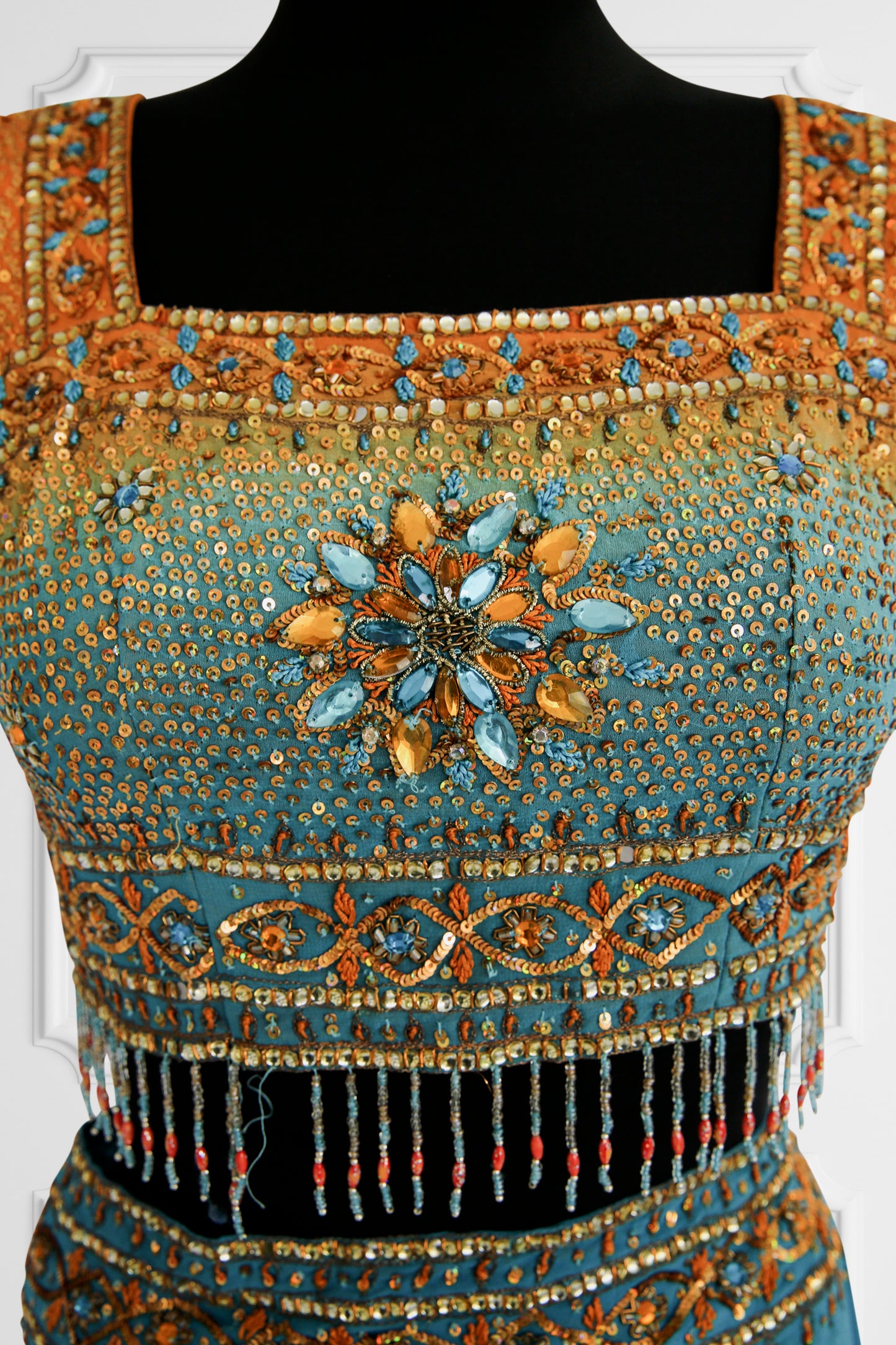 Bicolor Orange and Blue Embelished Saree Set