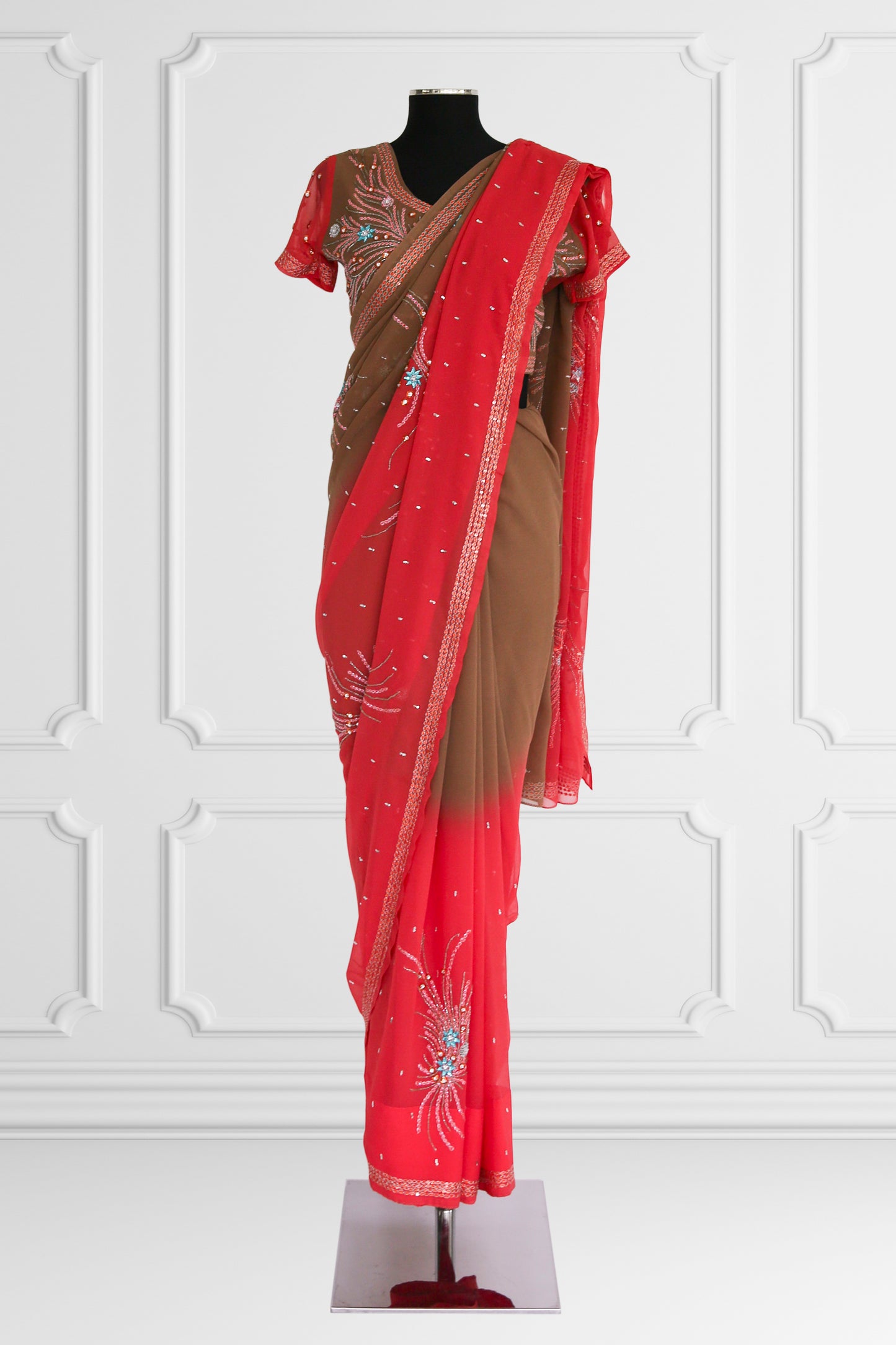 Bicolor Coral and Brown Saree Set