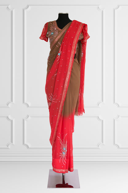 Bicolor Coral and Brown Saree Set