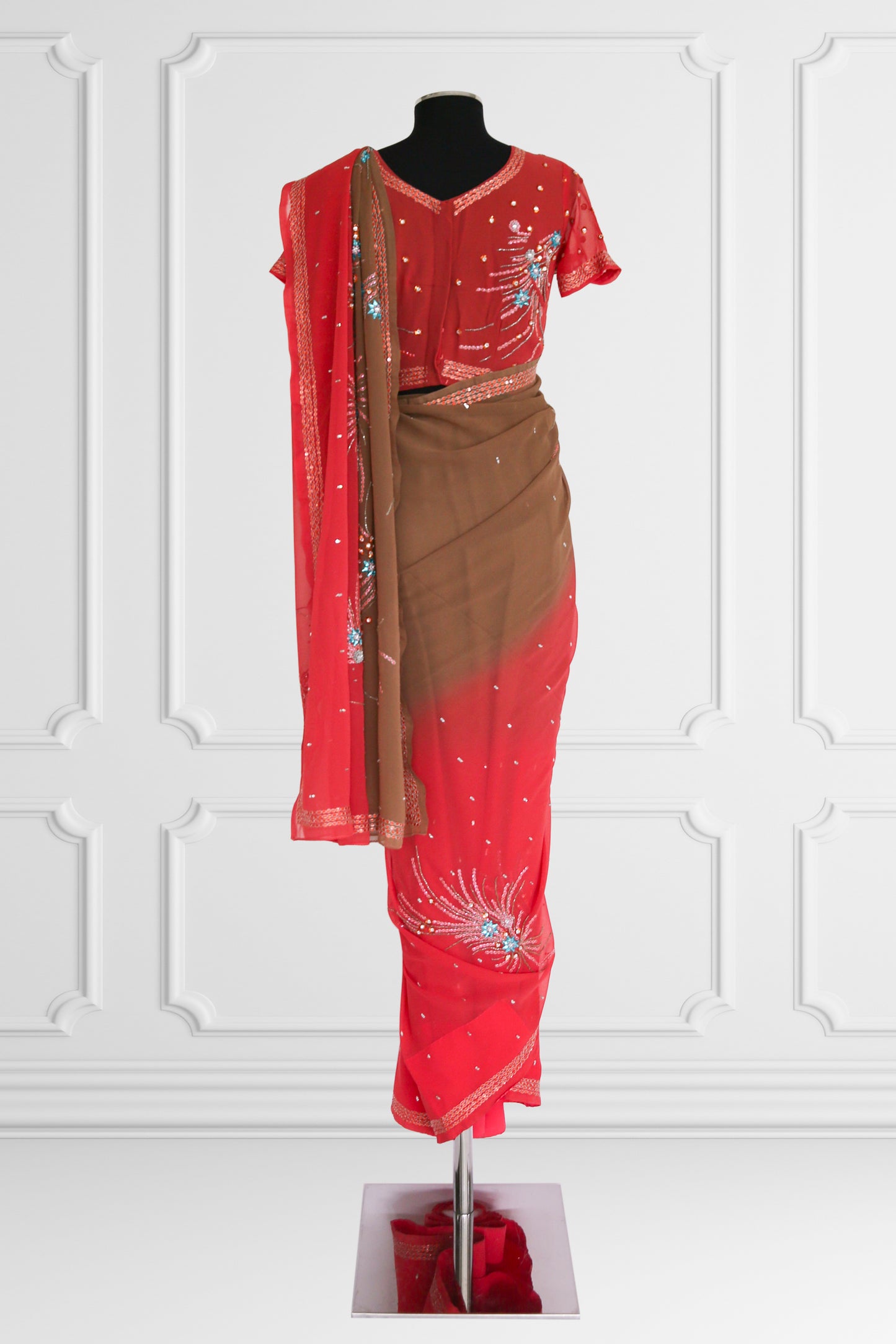 Bicolor Coral and Brown Saree Set