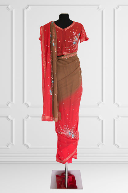 Bicolor Coral and Brown Saree Set