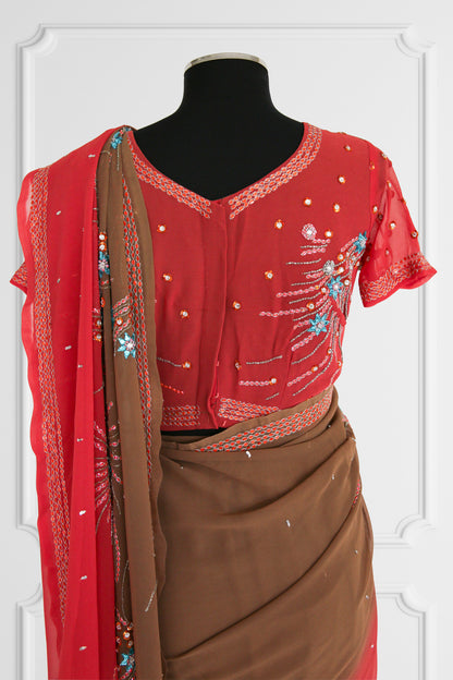 Bicolor Coral and Brown Saree Set
