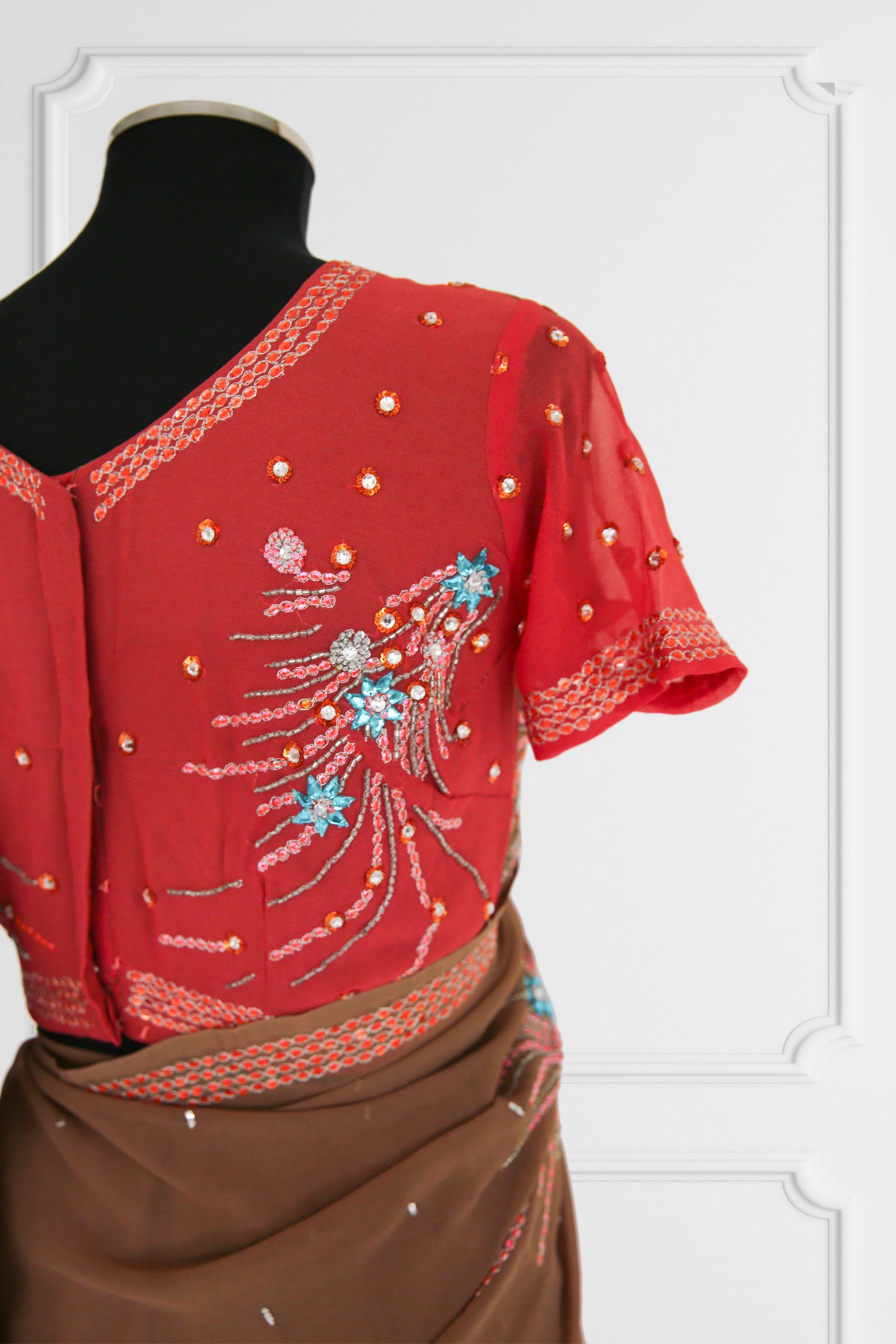 Bicolor Coral and Brown Saree Set
