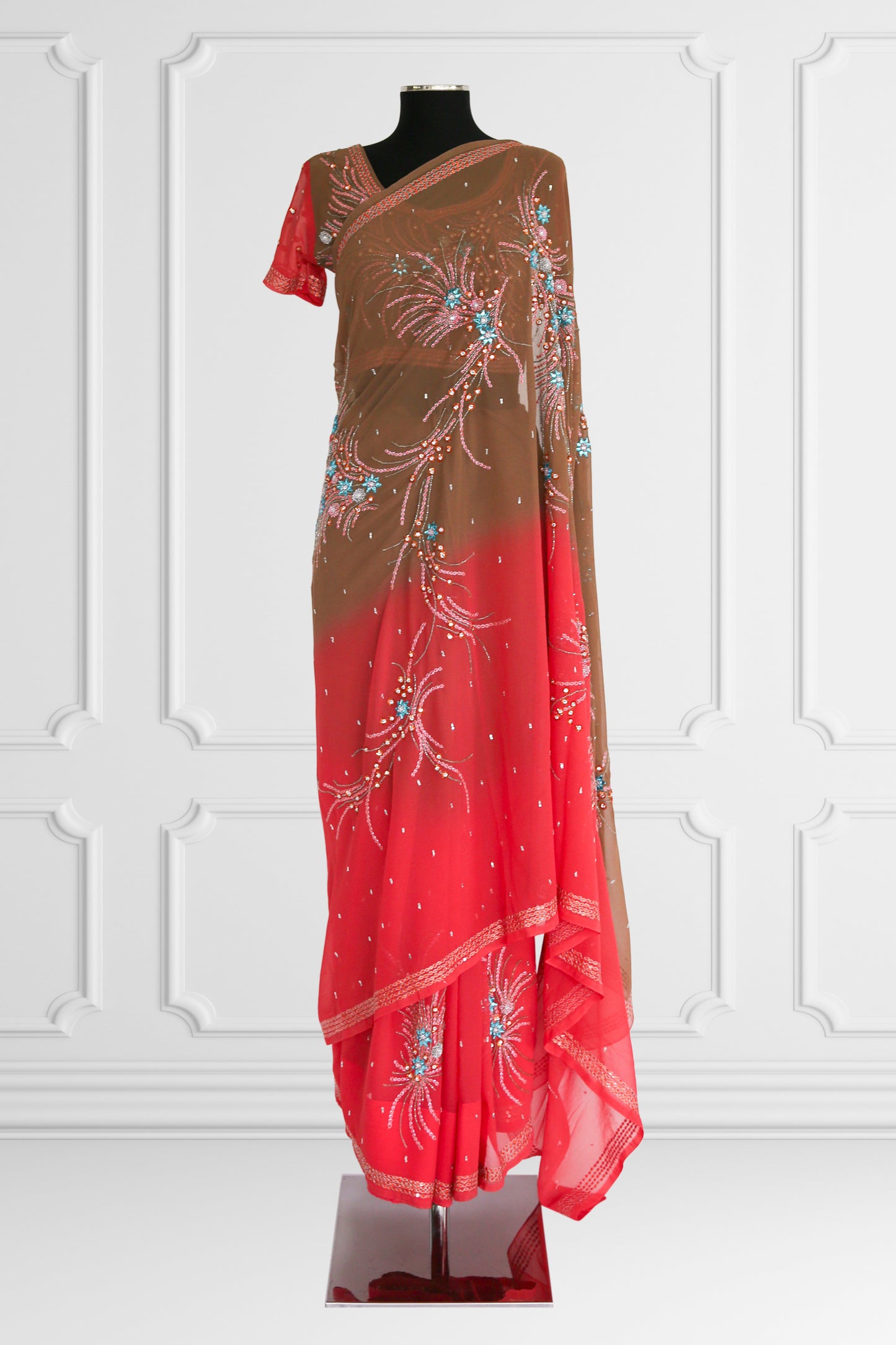 Bicolor Coral and Brown Saree Set