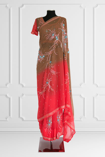 Bicolor Coral and Brown Saree Set