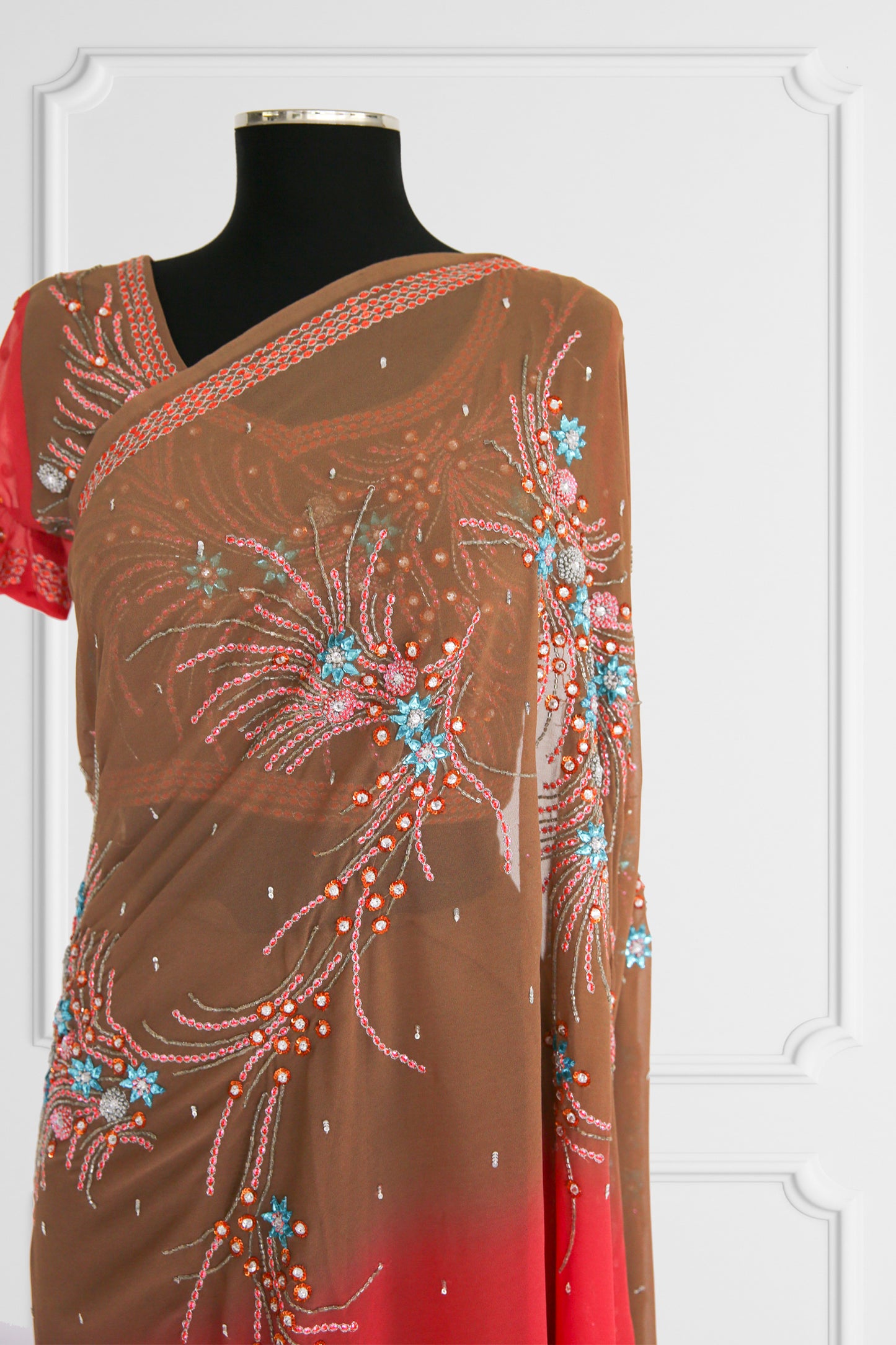 Bicolor Coral and Brown Saree Set