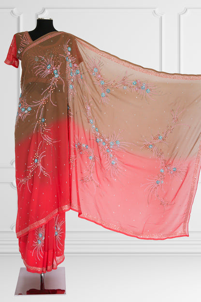 Bicolor Coral and Brown Saree Set