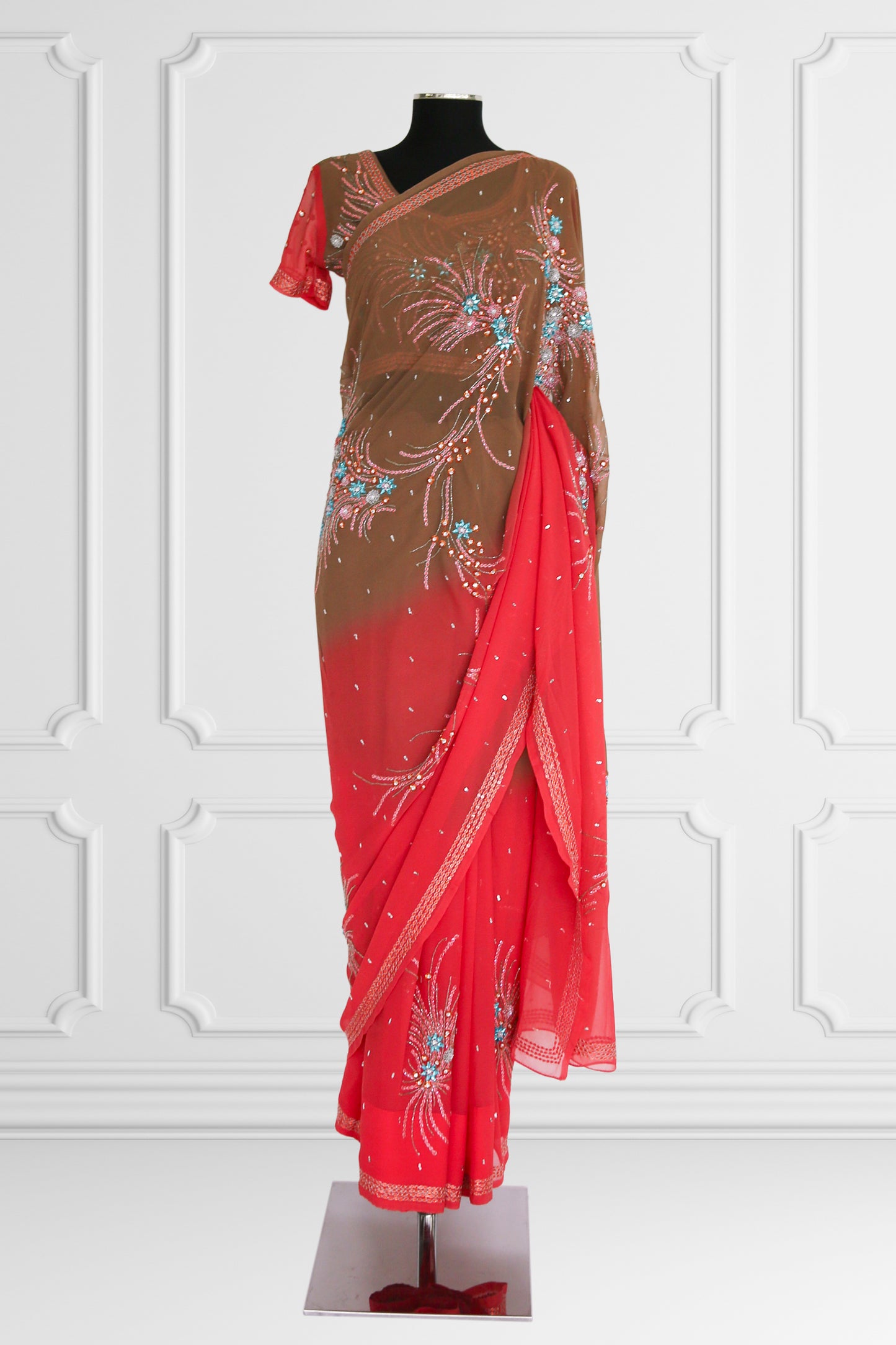 Bicolor Coral and Brown Saree Set