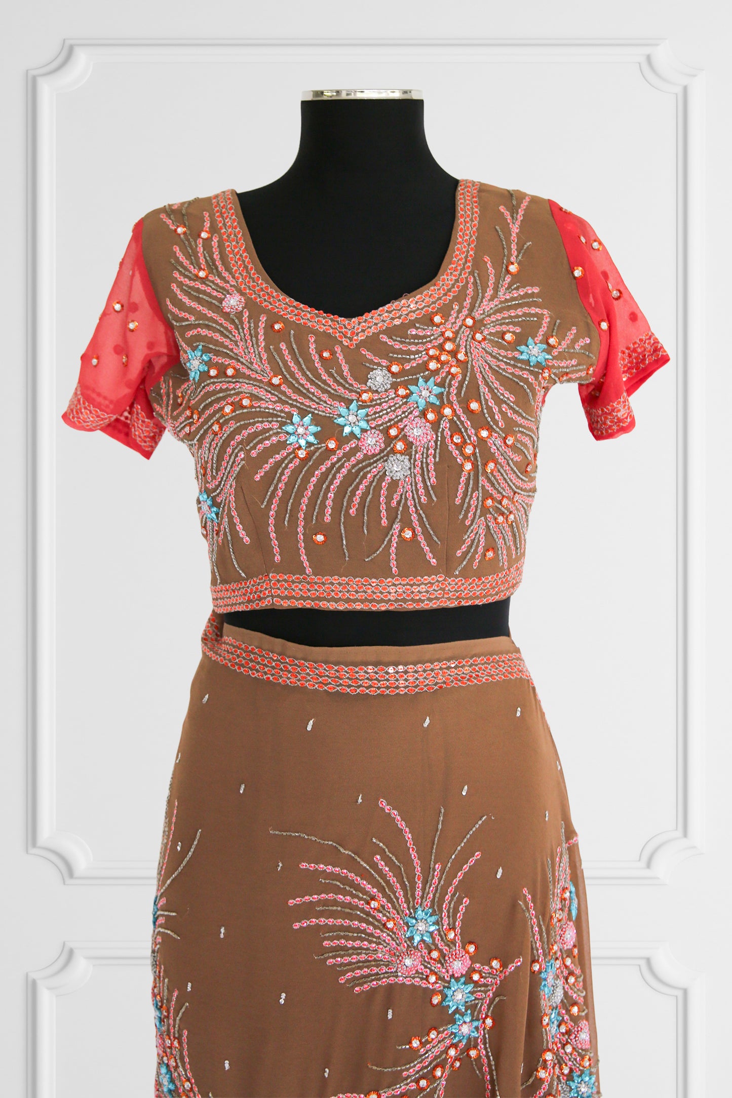 Bicolor Coral and Brown Saree Set