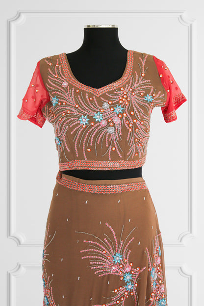 Bicolor Coral and Brown Saree Set