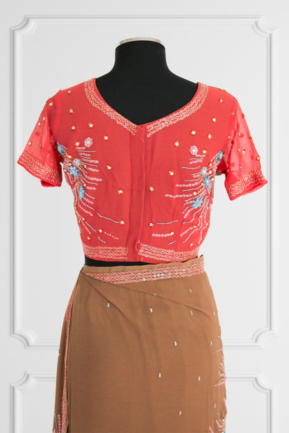 Bicolor Coral and Brown Saree Set