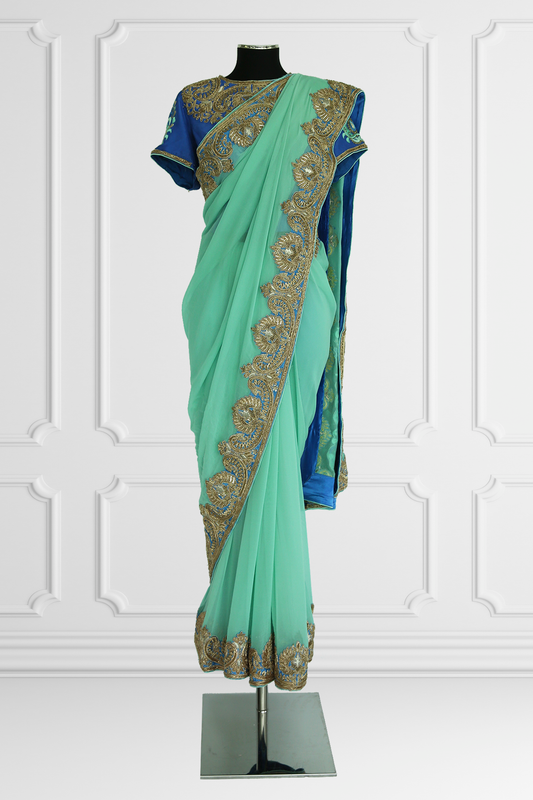 Bicolor Turquoise and Royal Blue with Gold Embroidery Saree Set