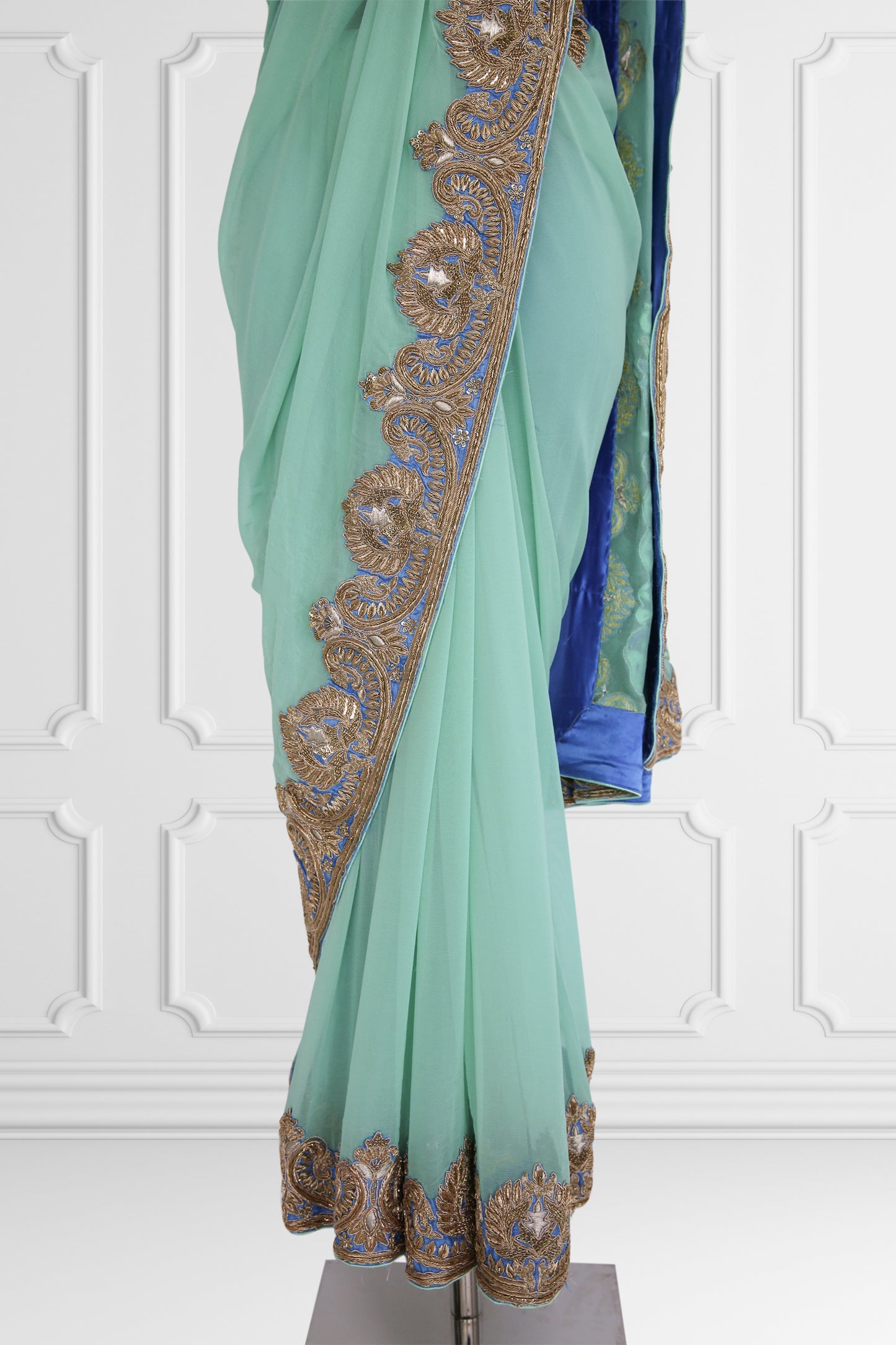 Bicolor Turquoise and Royal Blue with Gold Embroidery Saree Set
