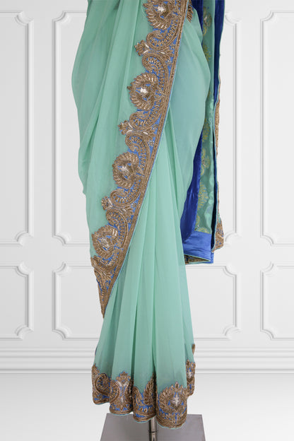 Bicolor Turquoise and Royal Blue with Gold Embroidery Saree Set
