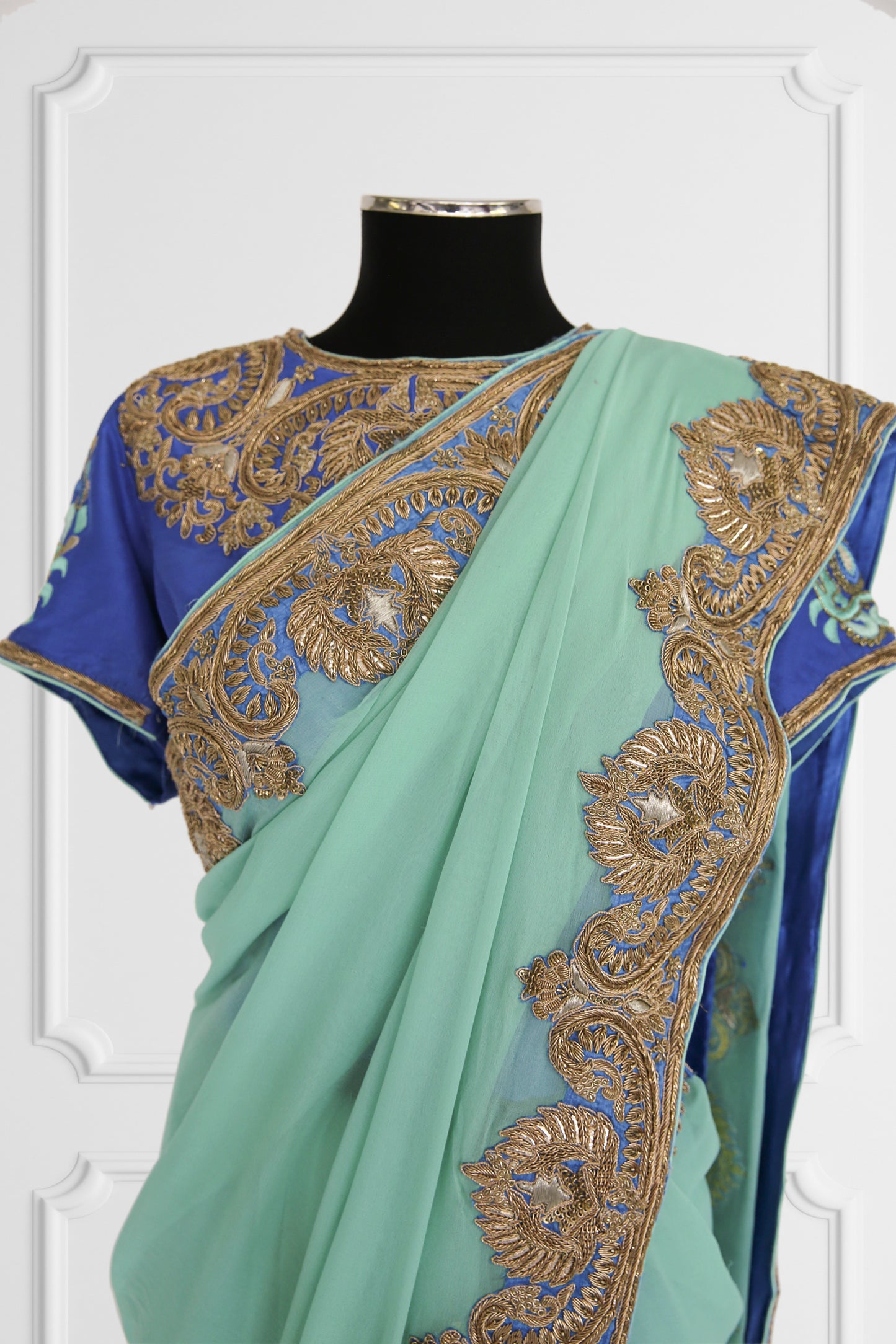 Bicolor Turquoise and Royal Blue with Gold Embroidery Saree Set