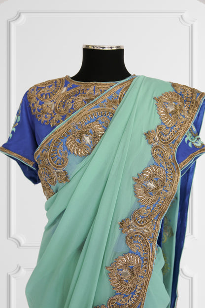 Bicolor Turquoise and Royal Blue with Gold Embroidery Saree Set