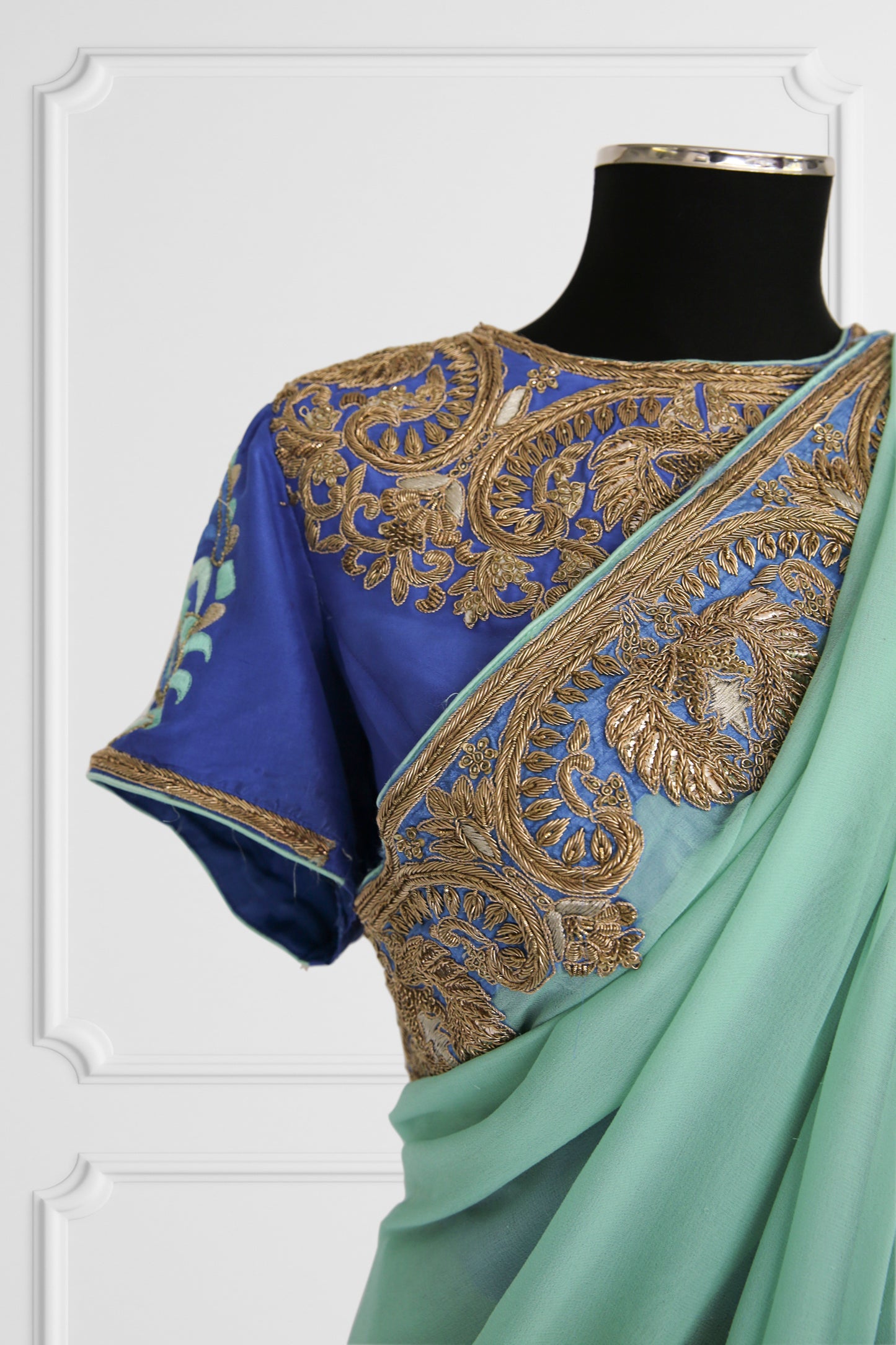 Bicolor Turquoise and Royal Blue with Gold Embroidery Saree Set