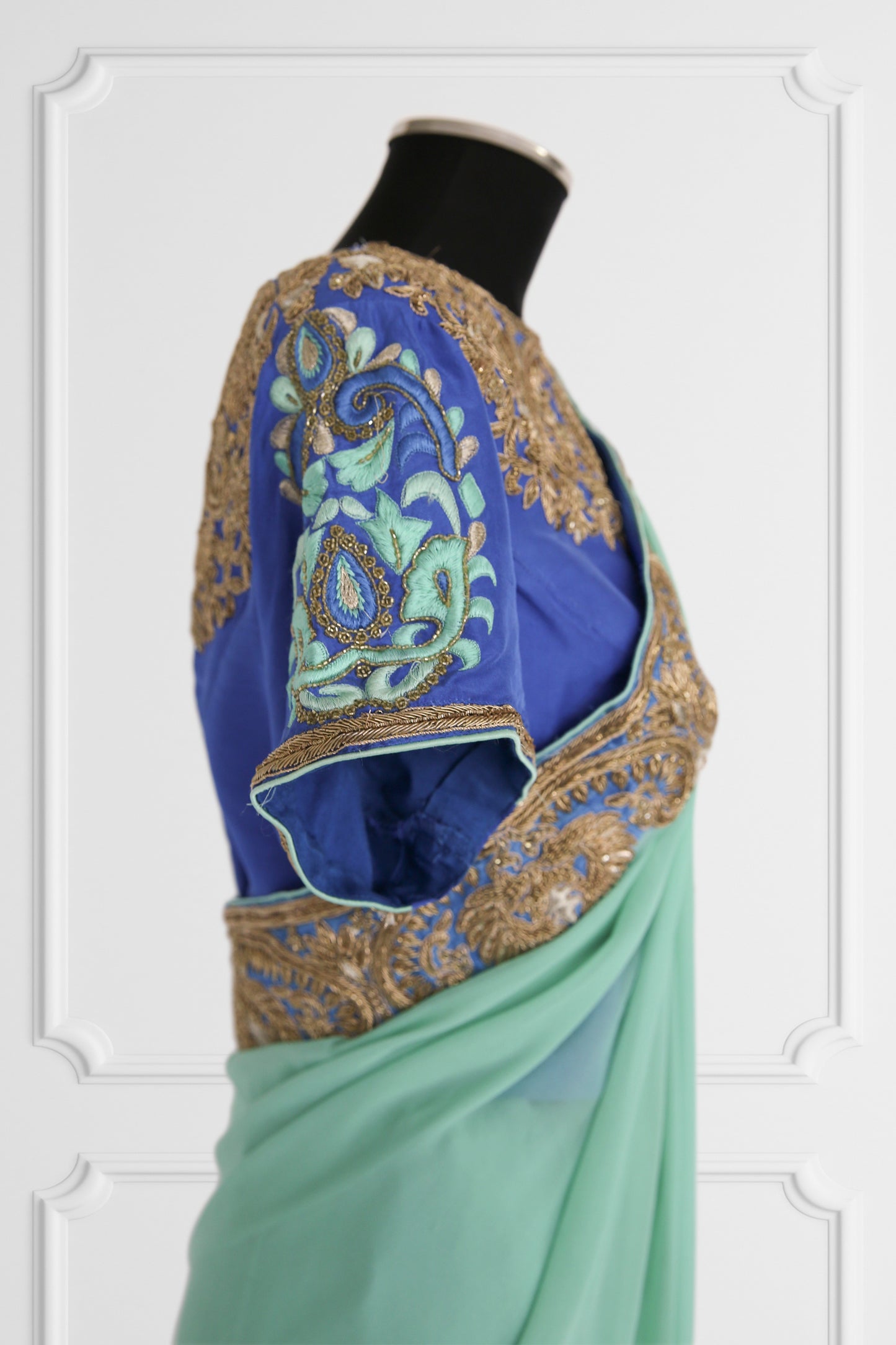 Bicolor Turquoise and Royal Blue with Gold Embroidery Saree Set