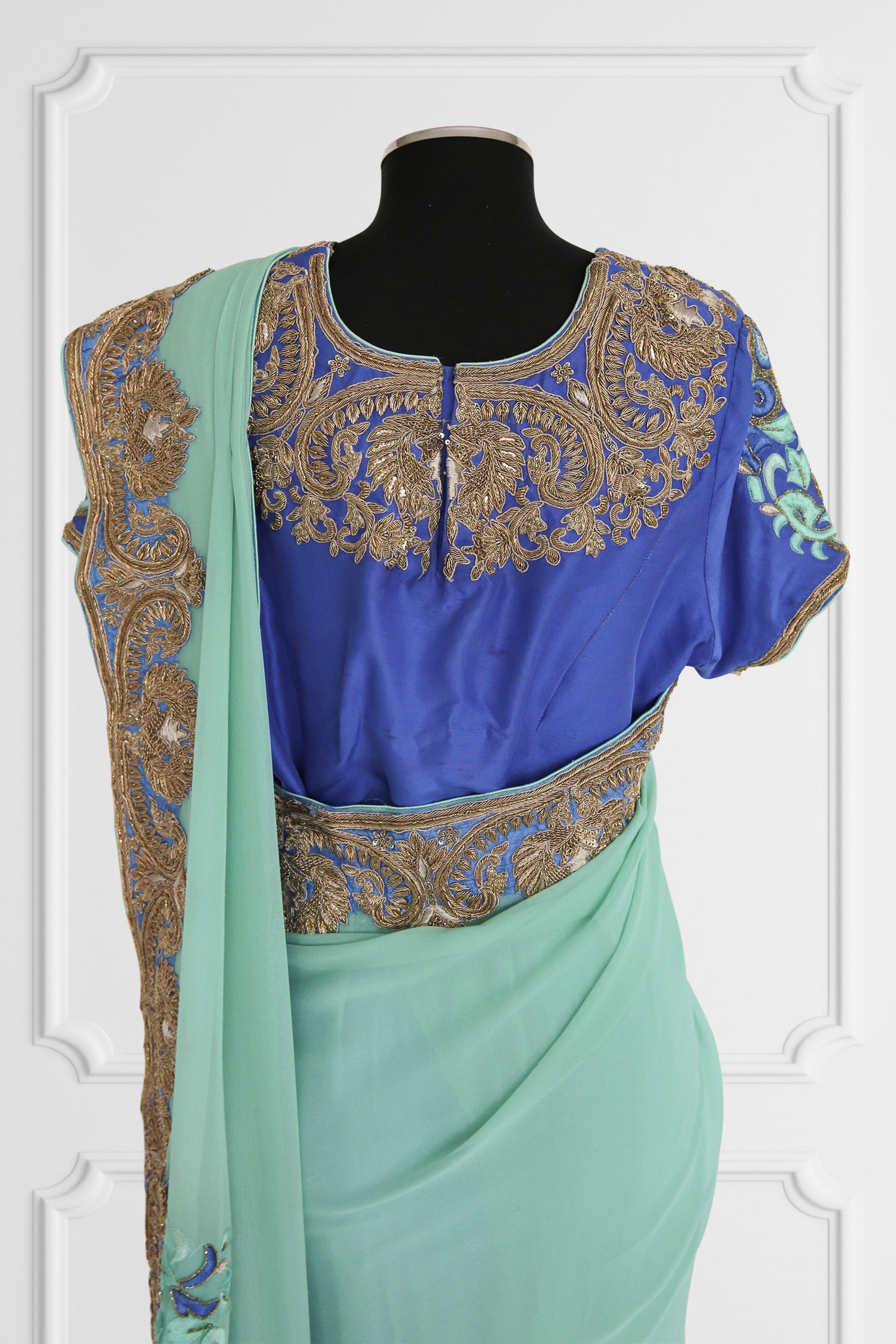 Bicolor Turquoise and Royal Blue with Gold Embroidery Saree Set