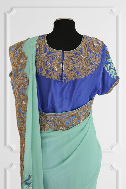 Bicolor Turquoise and Royal Blue with Gold Embroidery Saree Set