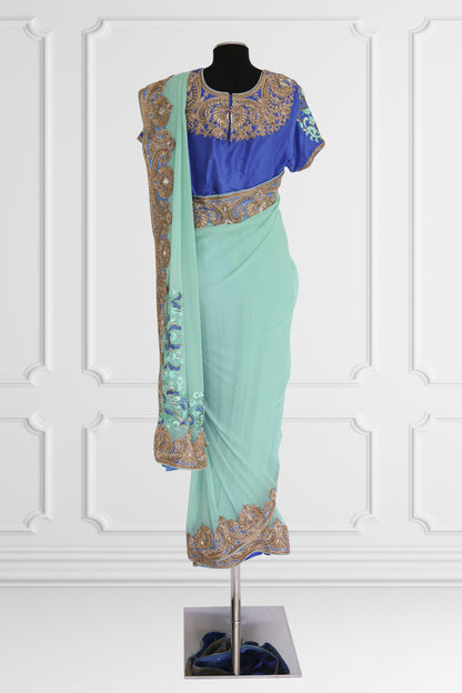 Bicolor Turquoise and Royal Blue with Gold Embroidery Saree Set